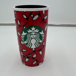 Starbucks 2016 Holiday Lights Ceramic Travel Mug 12oz Red Christmas Cup Lid
